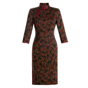 24秋冬新款香云纱夹棉七分袖修身保暖改良手工妈妈装新年酒会旗袍