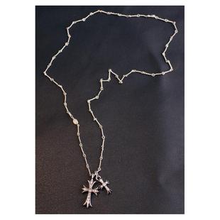 一休老银匠S925银大小十字架镶锆石 男女款麻花项链吊坠 朋克项链