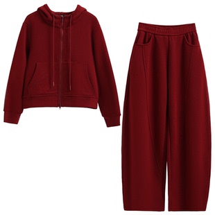 本命年红色运动套装女2026新款冬装过年加绒休闲卫衣弯刀裤两件套