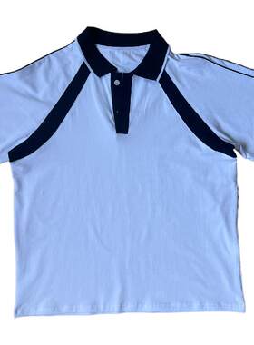 白色校服短袖藏蓝领白边插肩袖缝藏蓝宽杠男女班服T恤夏季POLO杉