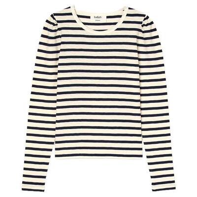bash春季法式简约条纹基础款打底女士泡泡袖休闲T恤上衣1E25SANG