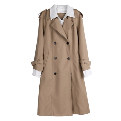 NEELLY纳俪卡其色双排扣风衣女秋冬经典时尚气质高级感假两件大衣