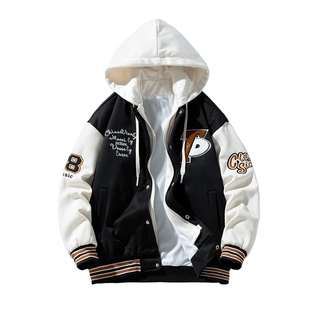 男士假两件外套男款春秋季棒球服男美式潮牌宽松工装夹克连帽上衣