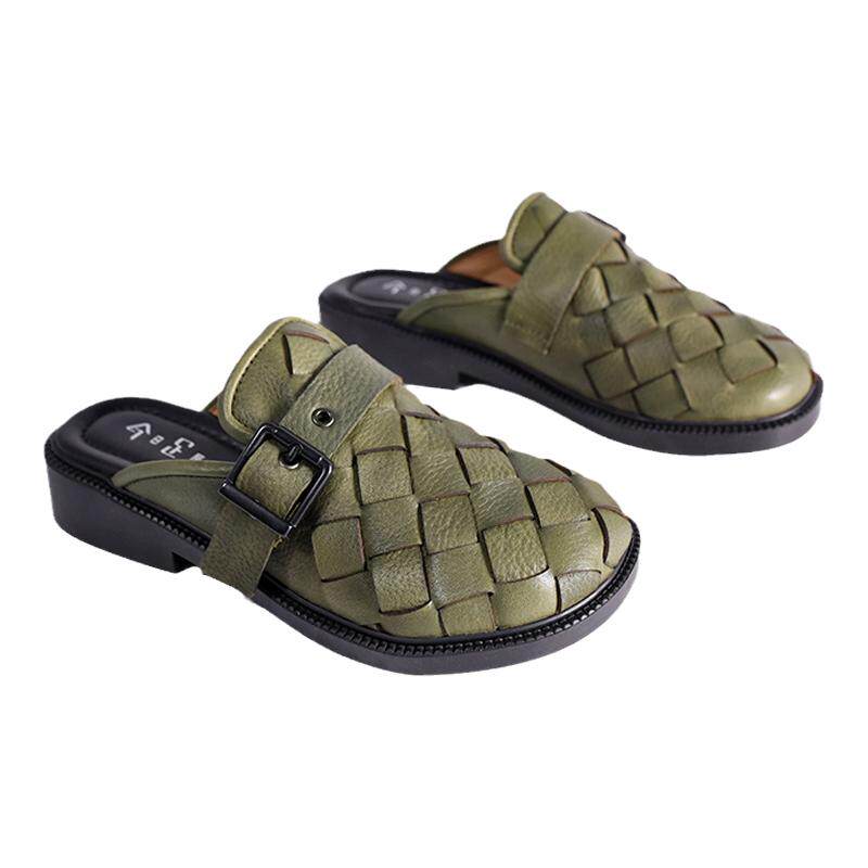 小众日式包头后空低跟面包拖大宽头编织真皮平底舒适女凉拖212024