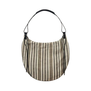 SecondMoon进口棉麻提花撞色条纹牛皮大容量不规则流苏单肩包韩系