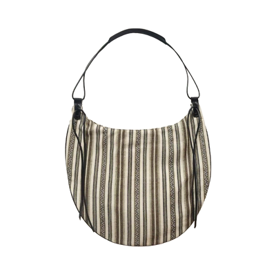 SecondMoon进口棉麻提花撞色条纹牛皮大容量不规则流苏单肩包韩系