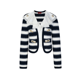 lefame拉飞姆蓝白条纹珍珠盘扣针织外套毛衣开衫