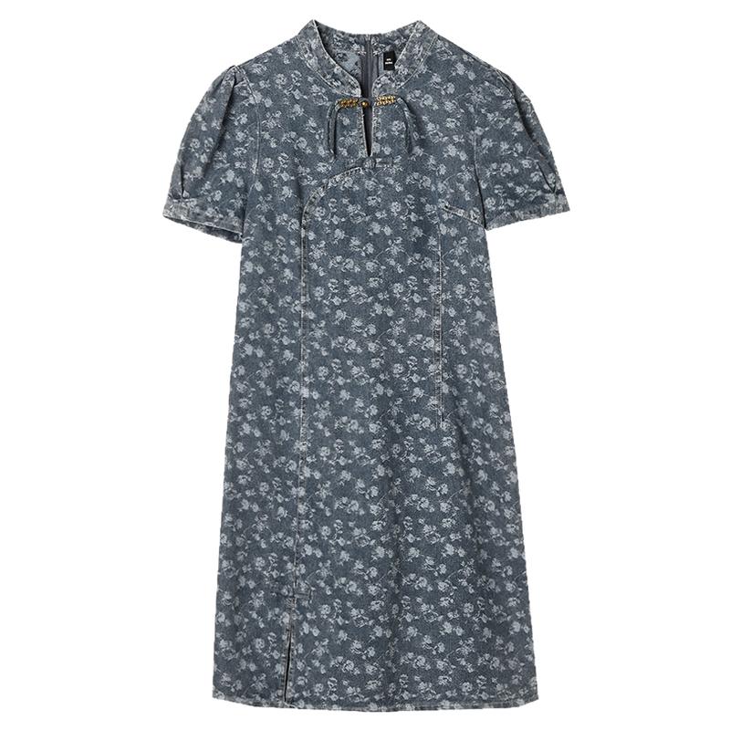 Outlets专柜撤柜正品 HH夏装2025新款国风立领牛仔减龄中裙连衣裙