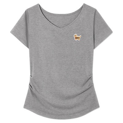 PSO Brand 女装【大V领】刺绣小狗抽褶短袖T恤收腰显瘦上衣潮牌