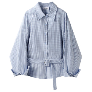 蓝色学院风减龄休闲格纹衬衫女早春季新款百搭气质收腰显瘦上衣潮