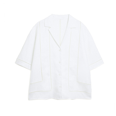 V领镂空拼接衬衫高腰短裤套装