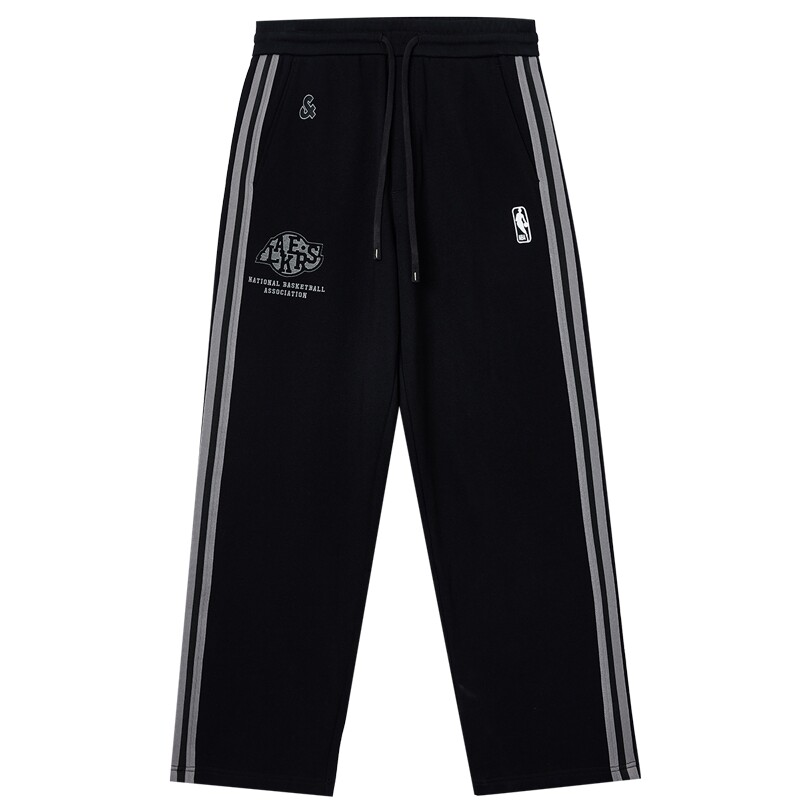 【NBA联名】杰克琼斯男装春季新款撞色织带卫裤黑色刺绣宽松湖人