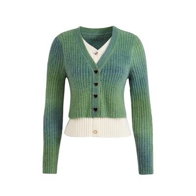 阔色绿色假两件v领针织衫