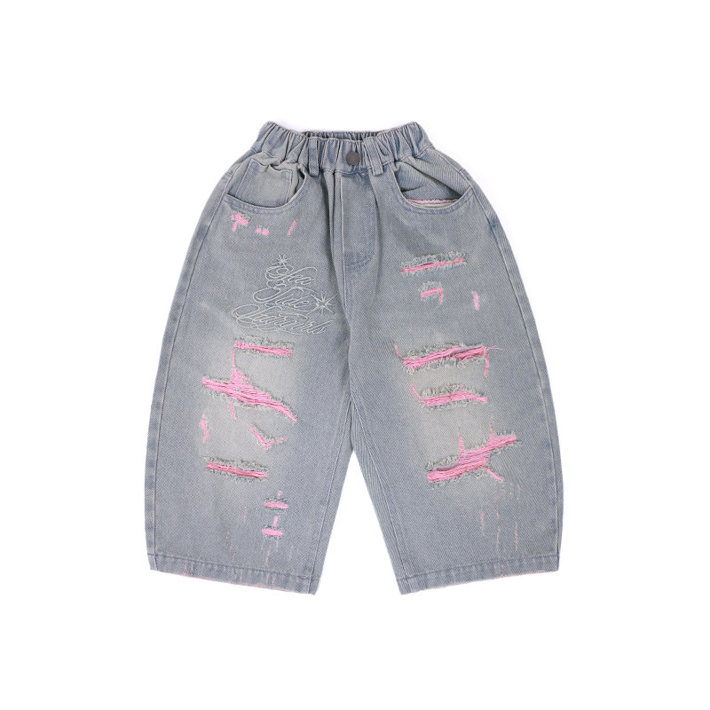 Jimmy妈潮童【私服穿搭】夏季·吉米同款粉毛边破洞屁帘牛仔裤