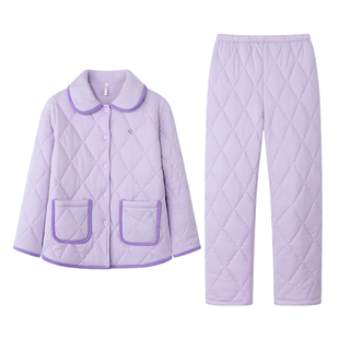 达尔丽三层加厚夹棉睡衣女秋冬新款保暖空气棉情侣家居服男冬套装