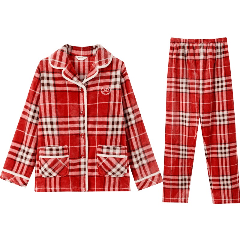 秋鹿【门店同款】法兰绒睡衣冬款格子加厚保暖珊瑚绒家居服女秋冬