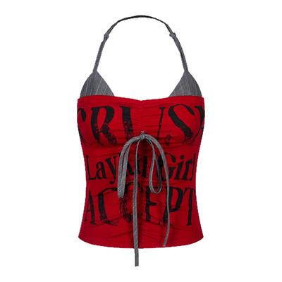 辣妹撞色拼接假两件字母印花吊带