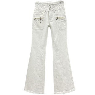 时尚镶钻牛仔长裤女潮2026年新款春装高腰修身显瘦百搭钉珠微喇裤