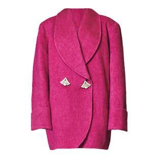玫红色大翻领呢子大衣女中长款秋冬气质高级感重工双排扣毛呢外套