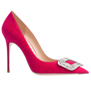 HLTINO2025新款绒面尖头高跟鞋女细跟婚鞋水钻方扣新娘鞋大码单鞋