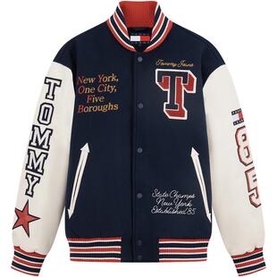 Tommy26春夏男羊毛混纺撞色拼接美式宽松棒球棉服夹克节日礼物