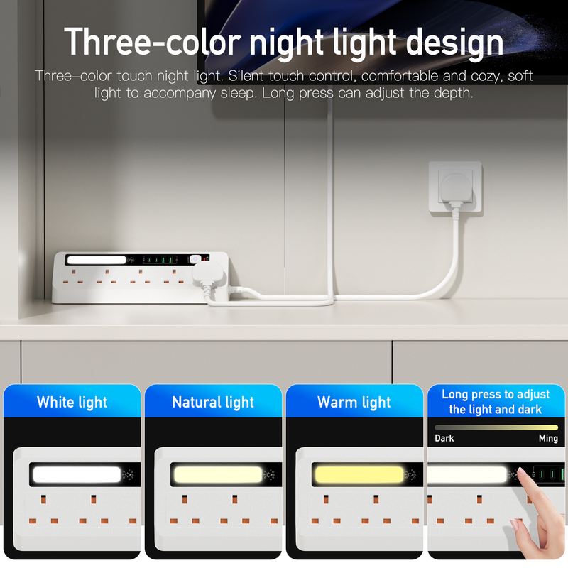 英国桌面墙角三角形插座触摸三色小夜灯过载保护开关延长线排插