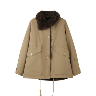 【明星同款】毛领工装毛绒加厚保暖皮草女宽松毛茸茸派克服外套冬