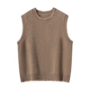 秋冬新款100%纯山羊绒马甲女圆领无袖针织背心宽松显瘦坎肩马夹