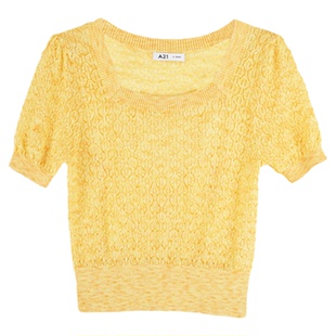 A21女装橘黄色方领短袖针织衫女夏显瘦镂空设计感短款线衫上衣