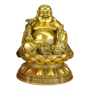 铜质莲花座弥勒佛神像坐像风水摆件招财保平安坐佛笑口佛