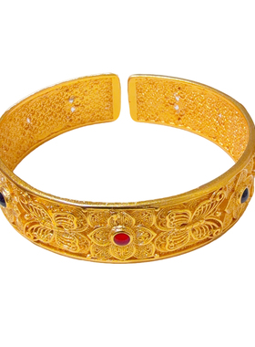 仿黄金镀沙金手镯女精品国潮风镂空花丝蝴蝶重工鎏金镯子金色手环