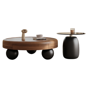 意式圆形实木茶几家用客厅小户型北美胡桃木圆茶几简约现代风组合