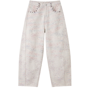 洛边 锦上添花 原创设计款复古刺绣牛仔裤秋季新款宽松阔腿裤