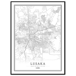 非洲赞比亚卢萨卡 卡萨马 基特韦创意城市地图装饰画艺术挂画定制