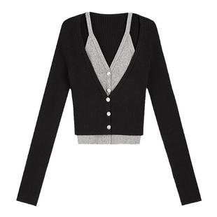 pusumede 气质假两件V领长袖开衫女春秋修身设计感打底针织衫上衣