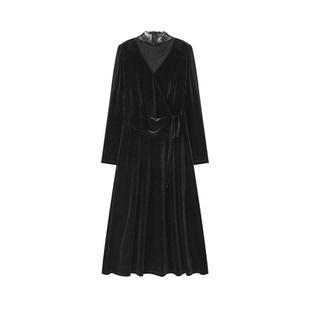 XWI欣未赫本风蕾丝拼接黑色连衣裙女春过年战袍收腰显瘦气质长裙