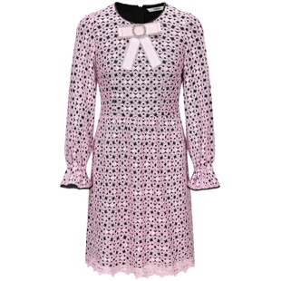 tanni25秋款优雅气质双层甜美粉色镂空圆领收腰连衣裙TM31DR045B