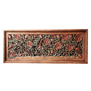 特惠包邮横版做旧玫瑰挂屏中式东南亚客厅家居书房装饰壁挂壁饰