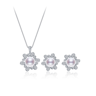 京润珍珠悦昭银925淡水珍珠吊坠耳钉套装8-10mm圆形大颗珍珠吊坠P