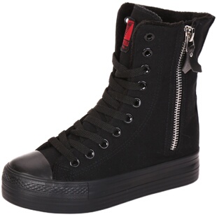 776全黑色高帮帆布鞋女韩版潮厚底内增高女鞋侧拉链休闲女鞋