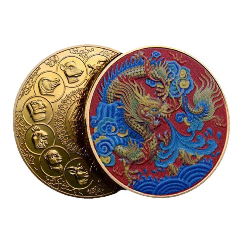 中国十二生肖浮雕彩绘龙王纪念金币创意龙年纪念品幸运币时尚摆件