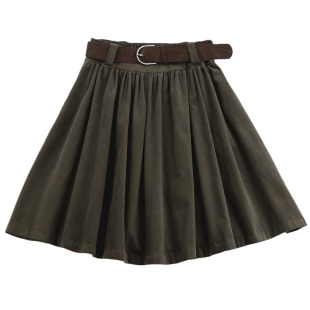 精分 橄榄调的风琴 咖系古着感文艺学院风褶皱灯芯绒中半裙配腰带