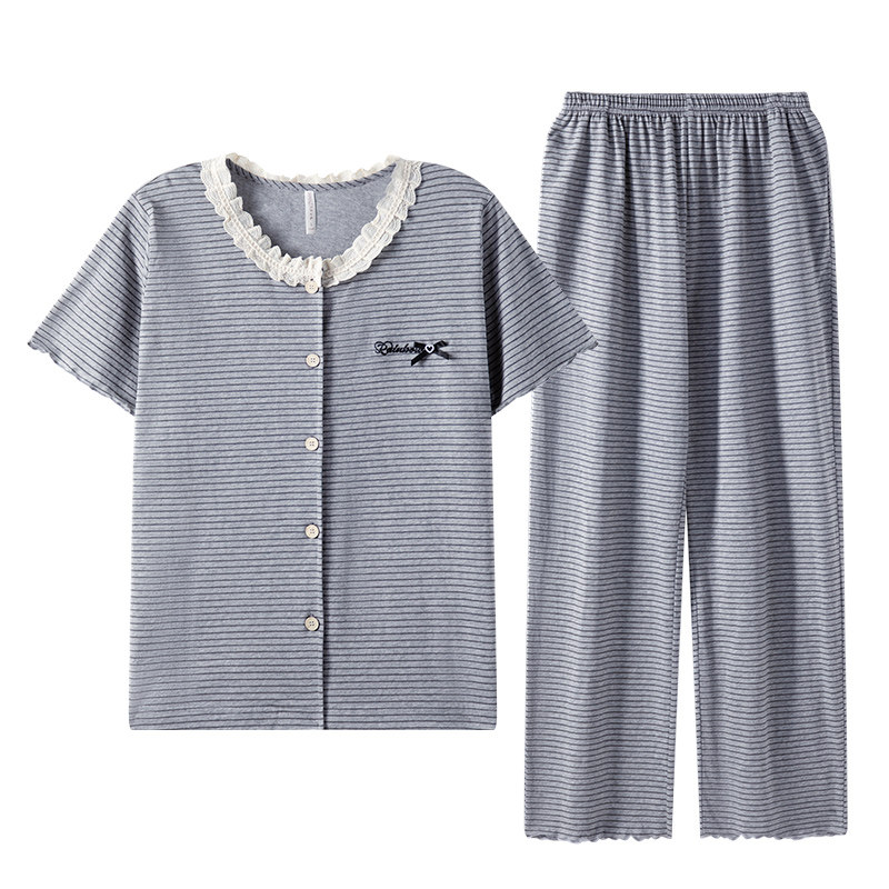 玛伦萨纯棉睡衣女款2025新款短袖长裤条纹夏季薄款女士家居服套装