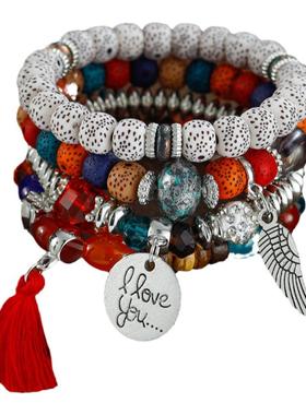 欧美时尚百搭简洁百搭圆盘爱心翅膀流苏个性珠珠气质多层手链手串