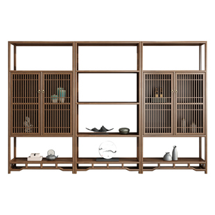 新中式家具多宝格子老榆木博古柜书架免漆胡桃木色禅意古董展示架