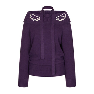 BETWEENAND 日系古早紫一字肩钩针天使翅膀厚实针织上衣毛衣春款