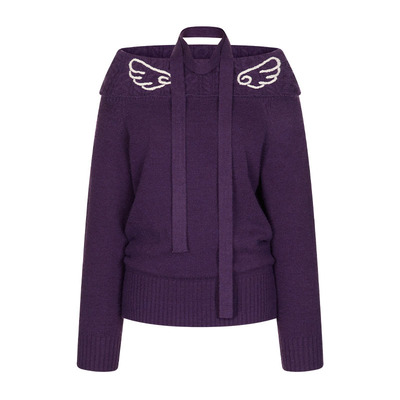 古早紫一字肩钩针翅膀毛衣