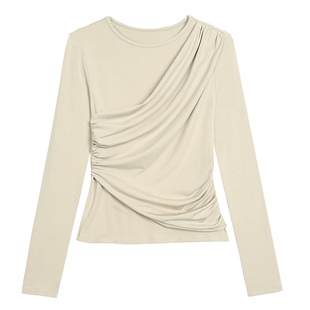 pusumede冰花物语 不规则褶皱长袖T恤女设计感小众收腰打底衫上衣