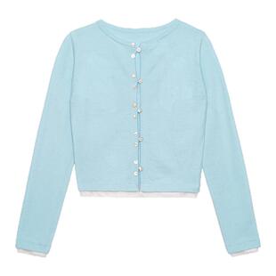 LLANO拼接微透针织衫复古法式贝壳扣短款俏皮氧气上衣外套女春冬