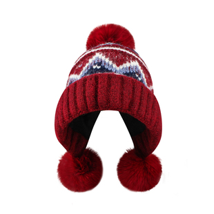 冬天加绒防寒红色费尔岛风针织帽子女加厚护耳帽保暖毛球毛线帽潮